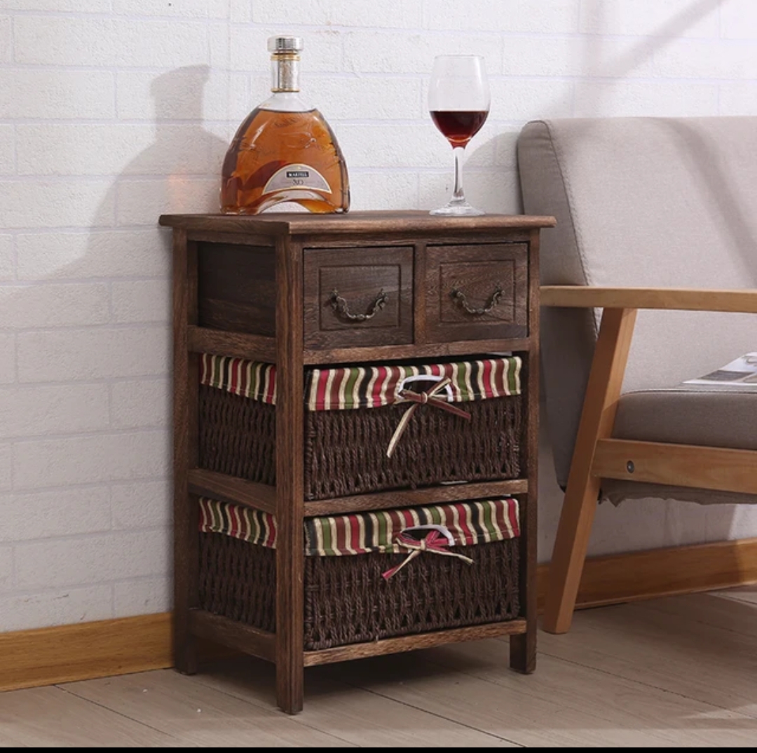 MESA SHABBY CHIC NOCHE CON DOS CANASTOS RATAN CUBIERTOS CON TELA MADERA - 2