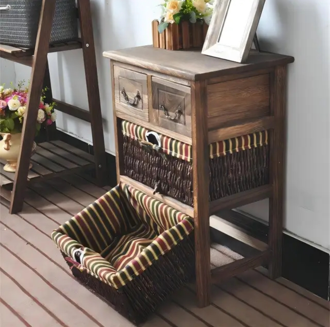 MESA SHABBY CHIC NOCHE CON DOS CANASTOS RATAN CUBIERTOS CON TELA MADERA - 3