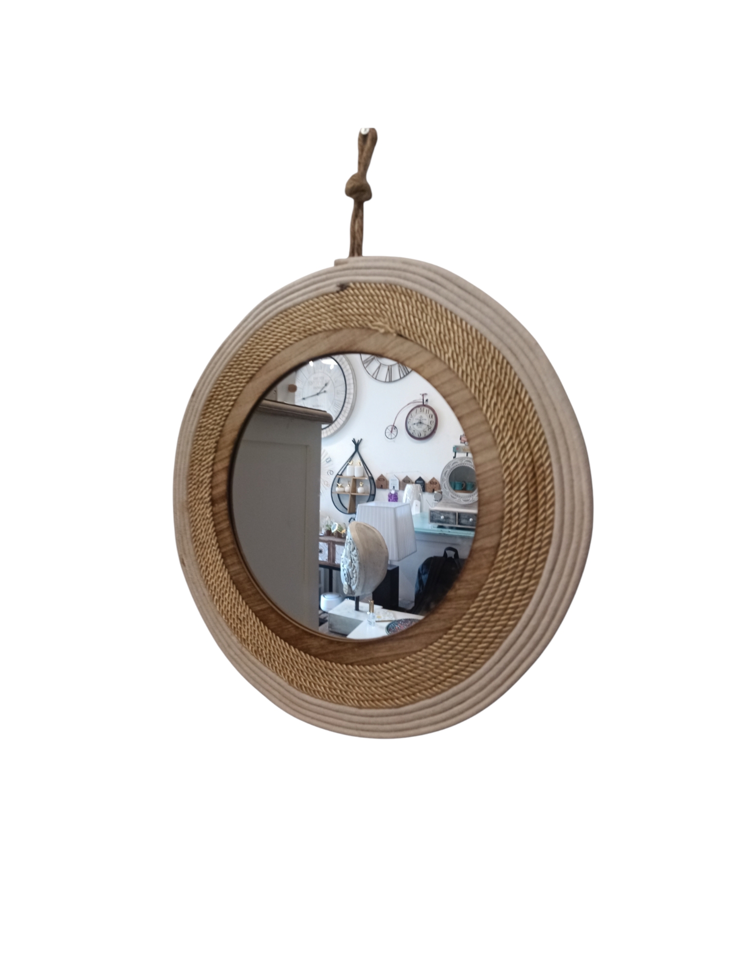 ESPEJO MODERNO RUSTICO COLGANTE CON CUERDA CON BLANCO DORADO - 1