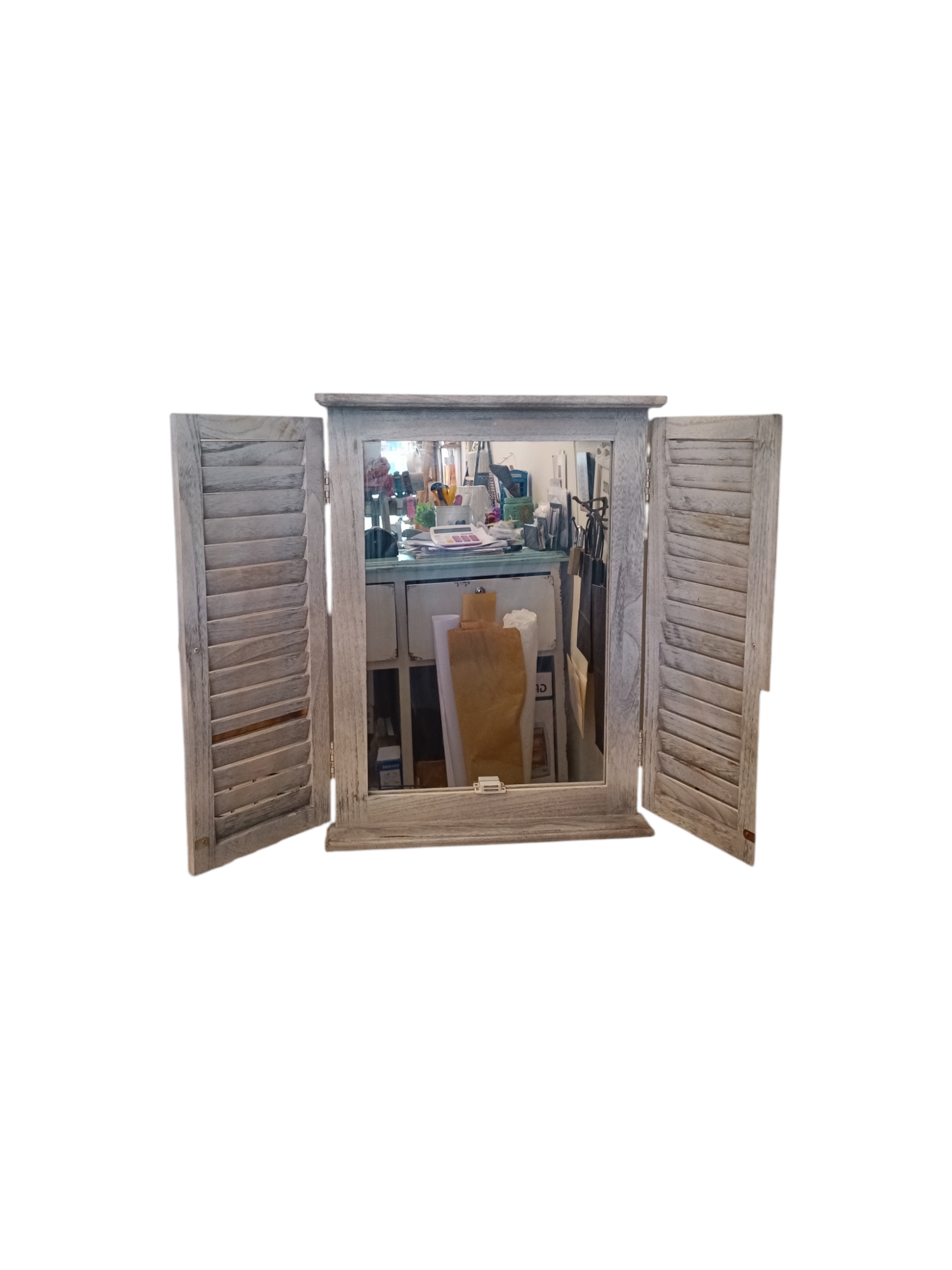 ESPEJO SHABBY CHIC PARED CON POSTIGO DECAPADO GRIS MADERA - 1