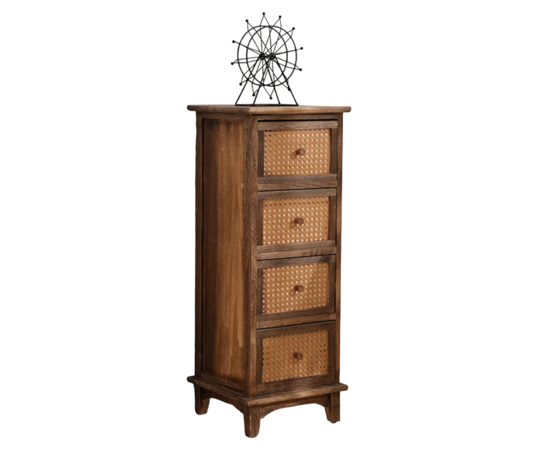 GABINETE MODERNO MADERA 4 CAJONES CAFÉ CON APLICACION TEJIDO - 1