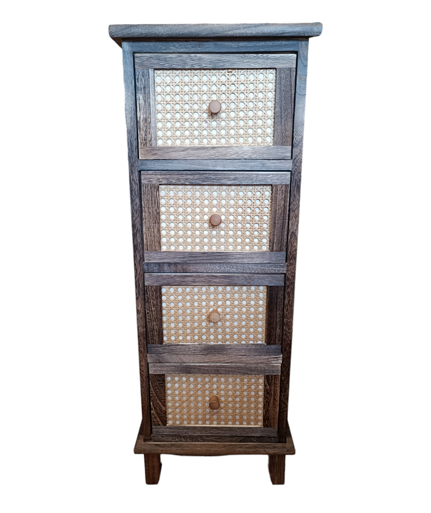 GABINETE MODERNO MADERA 4 CAJONES CAFÉ CON APLICACION TEJIDO - 2