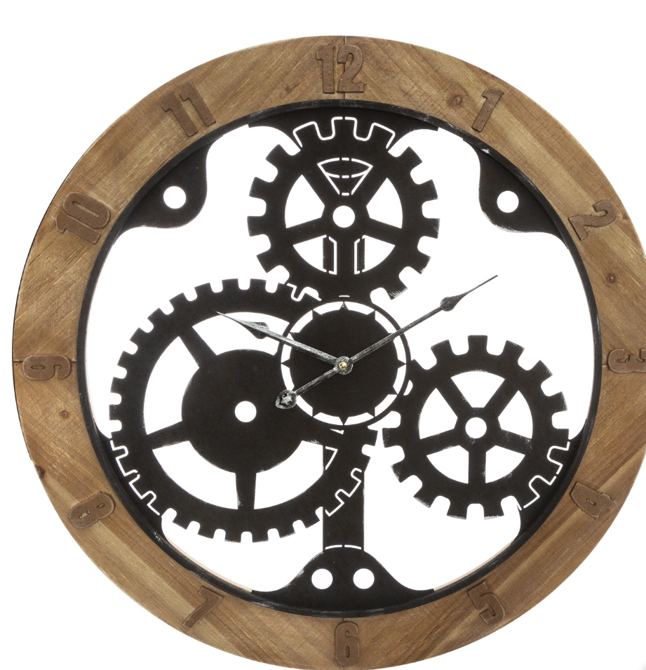 RELOJ PARED INDUSTRIAL CON ENGRANAJES NEGRO MADERA 60 CM - 2