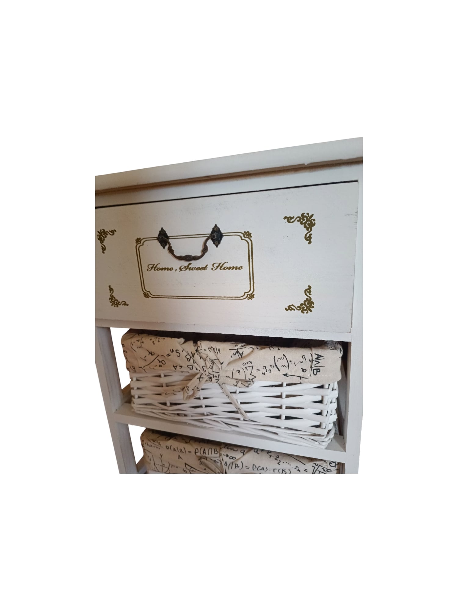MESA DE NOCHE MADERA BLANCO CON CAJON Y DOS CANASTOS FORRADOS TELA - 3