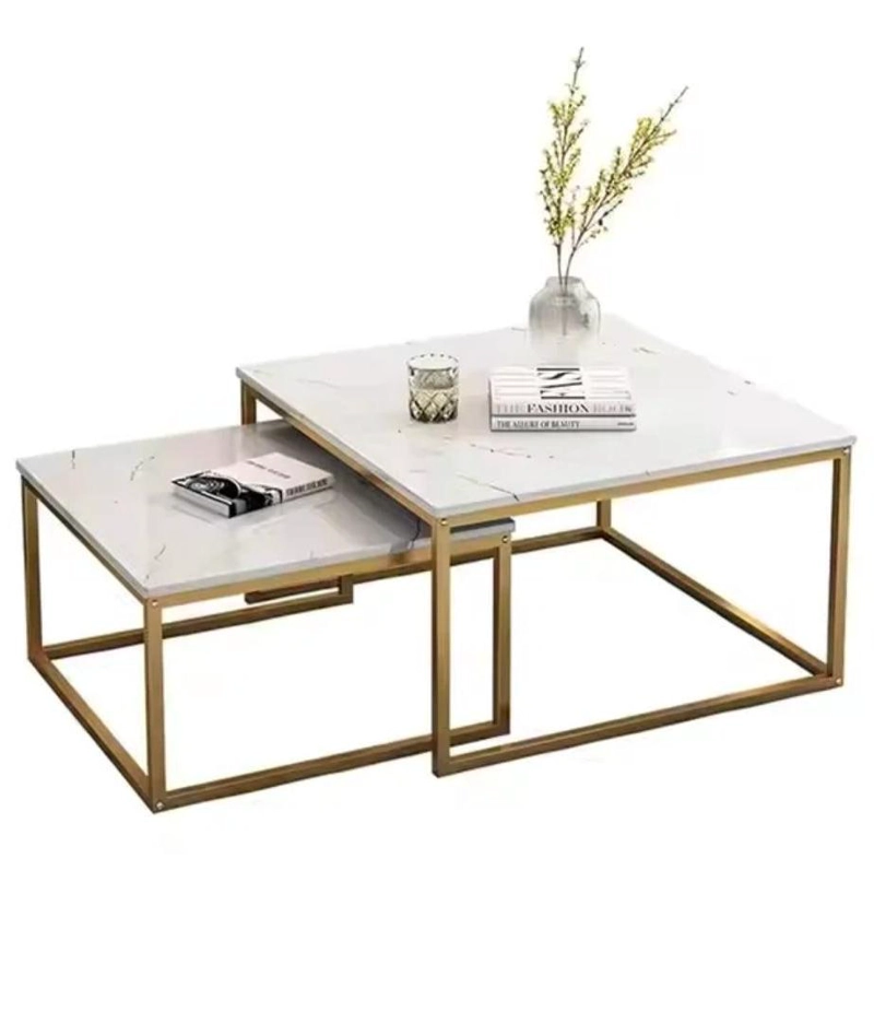 MESA DE CENTRO 2 PIEZAS CUADRADA BLANCO DISEÑO MARMOL - 1