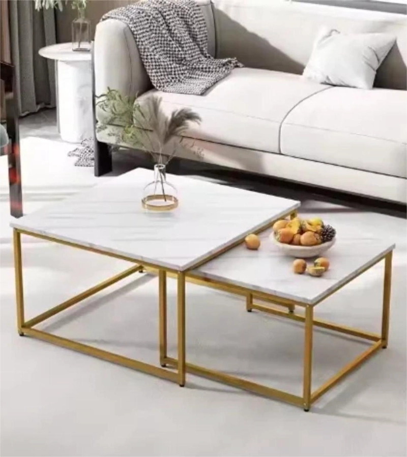 MESA DE CENTRO 2 PIEZAS CUADRADA BLANCO DISEÑO MARMOL - 3