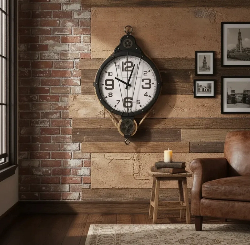 RELOJ PARED METAL DECORATIVO CON POLEA Y CUERDA - 4