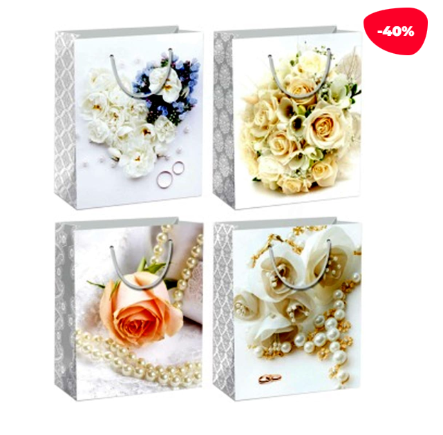 BOLSA REGALO ROSAS PERLAS 26X10X32CM BLANCO - 1