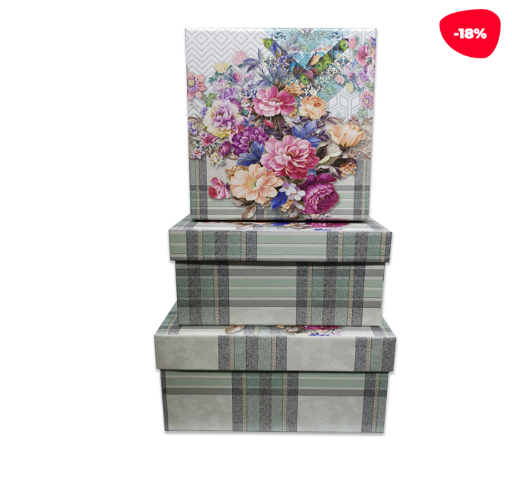 SET 3 CAJAS REGALO DISEÑO FLORES CON CUADROS GRIS - 1