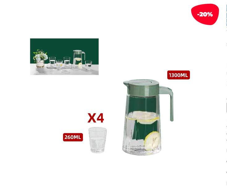 JARRA DE VIDRIO CON VASOS 1300ML 260ML - 1