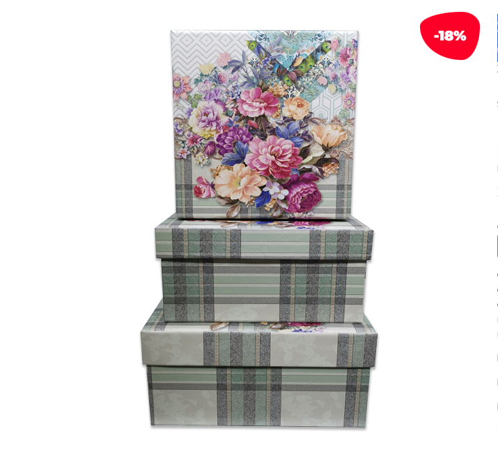 SET 3 CAJAS REGALO DISEÑO FLORES CON CUADROS GRIS - 1