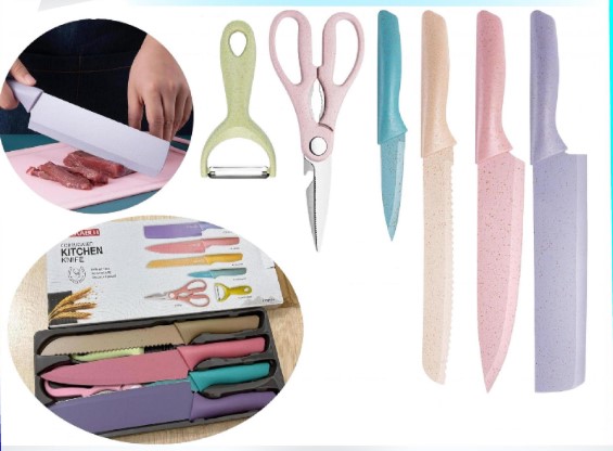 SET Y JUEGO DE 5 CUCHILLOS Y TIJERA DE COCINA -COLORES - 1