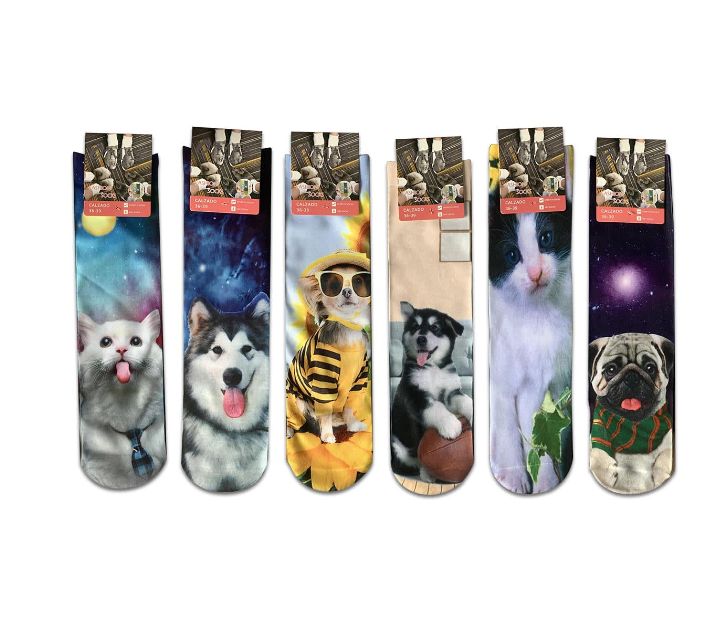 CALCETINES MUJER ESTAMPADO PERRO GATO 12 UNID 36-39 - 1