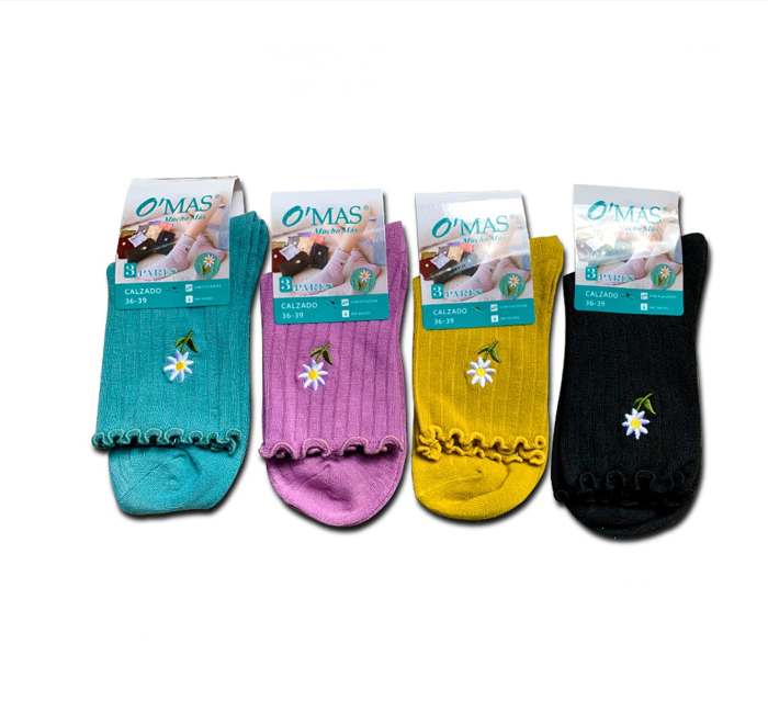 CALCETINES MUJER ACANALADO CON FLOR BORDADA 12 UNID 36-39 - 1