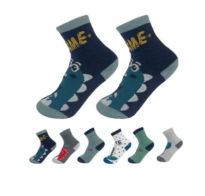 CALCETINES ALGODÓN NIÑO MULTICOLOR TOALLA ESTAMPADO DINOSAURIO TALLA 3-6 AÑOS 12 UNID - 1