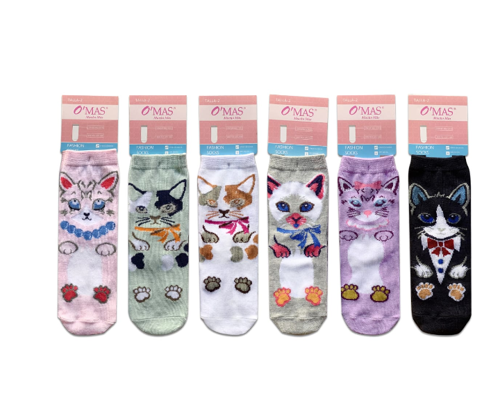 CALCETA ALGODÓN NIÑA MULTICOLOR MEDIA CAÑA DISEÑO GATO T02 12 UNID - 1