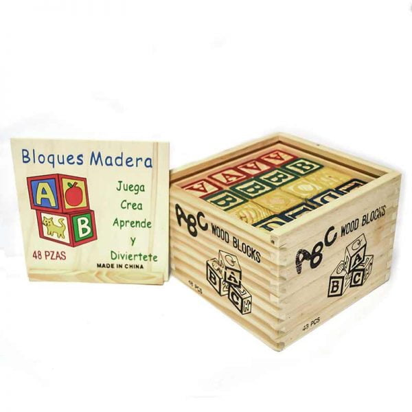 BLOQUES MULTICOLOR CUBO 48 PIEZAS MADERA LETRAS NÚMEROS - 1