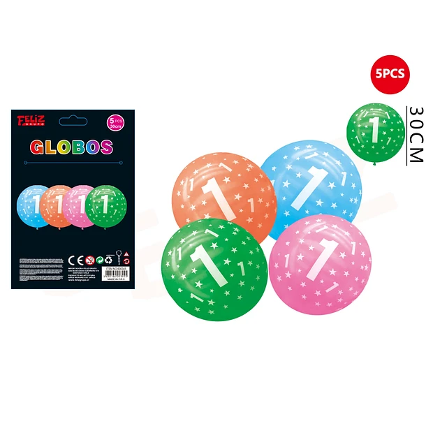 SET GLOBOS NÚMERO 1 MULTICOLOR 30 CM 5 PCS - 1