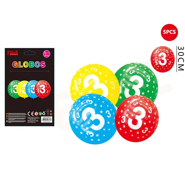 SET GLOBOS NÚMERO 3 MULTICOLOR 30 CM 5 PCS - 1