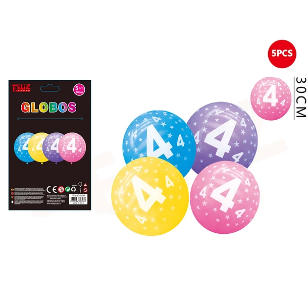 SET GLOBOS NÚMERO 4 MULTICOLOR 30 CM 5 PCS - 1