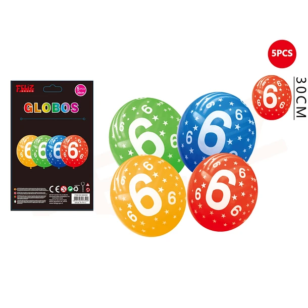 SET GLOBOS NÚMERO 6 MULTICOLOR 30 CM 5 PCS - 1