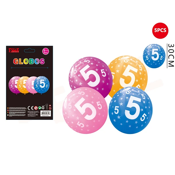 SET GLOBOS NÚMERO 5 MULTICOLOR 30 CM 5 PCS - 1