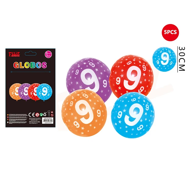 SET GLOBOS NÚMERO 9 MULTICOLOR 30 CM 5 PCS - 1