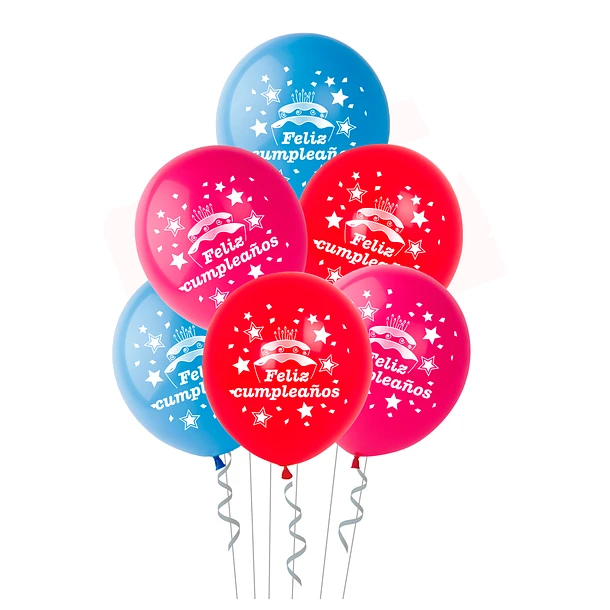 SET GLOBOS FELIZ CUMPLEAÑOS 3 COLORES TORTA 6 PCS - 1