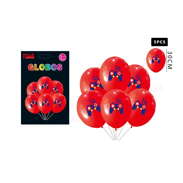 SET GLOBOS ROJO DE VIDEOJUEGOS 30CM 5 PCS - 1