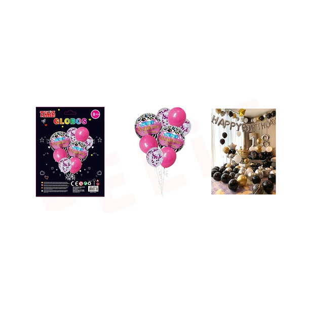 SET DE GLOBOSS FELIZ CUMPLEAÑOS ROSADO CON ANIMAL PRINT 8 PCS - 1