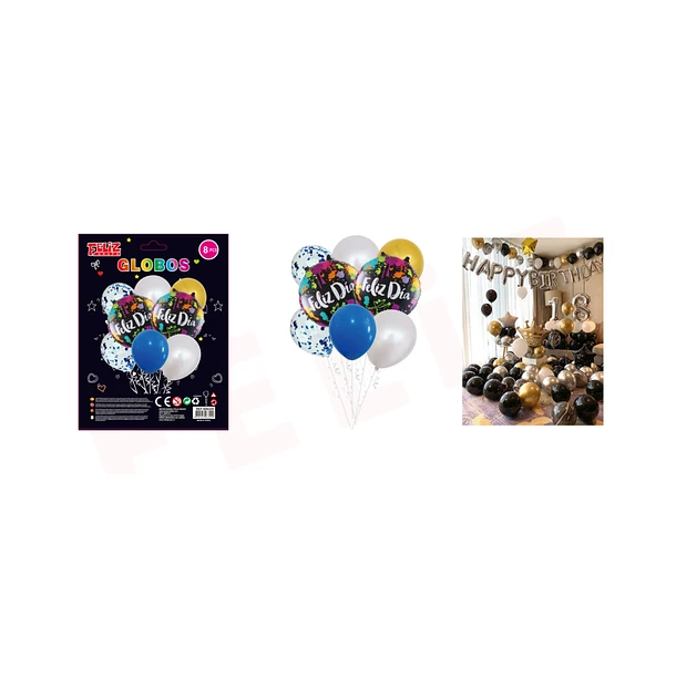 SET DE GLOBOS FELIZ DÍA CON MANCHAS MULTICOLOR 8 PCS - 1