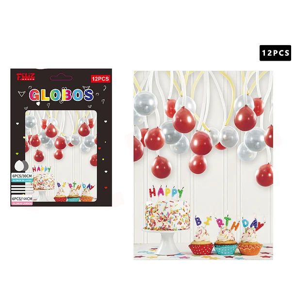 SET GLOBOS 6 PCS +6 PCS LARGOS COLORES ROJO Y PLATEADO - 1