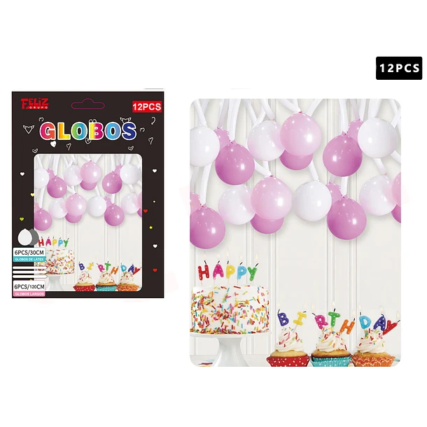 SET GLOBOS 6 PCS +6 PCS LARGOS COLORES ROSADO Y BLANCO - 1