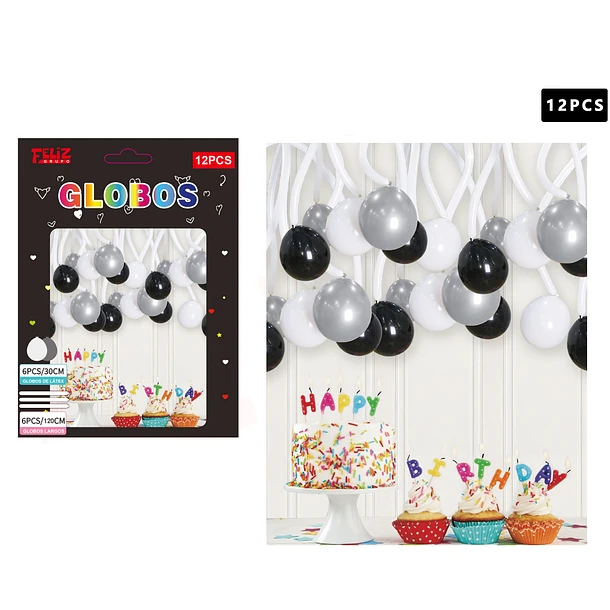 SET GLOBOS 6 PCS +6 PCS LARGOS COLORES NEGRO Y PLATEADO - 1