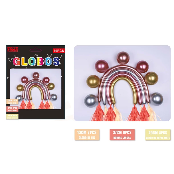 SET GLOBOS ARCOIRIS 19 PCS ROSA, PLATEADO Y DORADO - 1