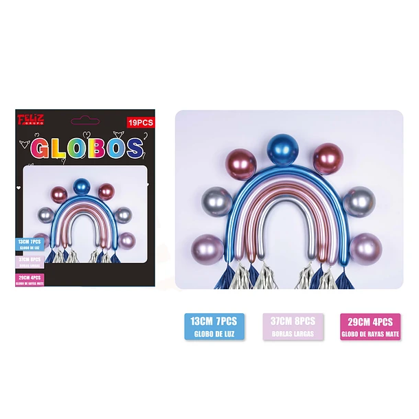 SET GLOBOS ARCOIRIS 19 PCS ROSA, PLATEADO Y AZUL - 1