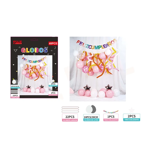 SET GLOBO MÁS GUIRNALDA FELIZ CUMPLEAÑOS TONOS S 48 PCS ROSADO - 1
