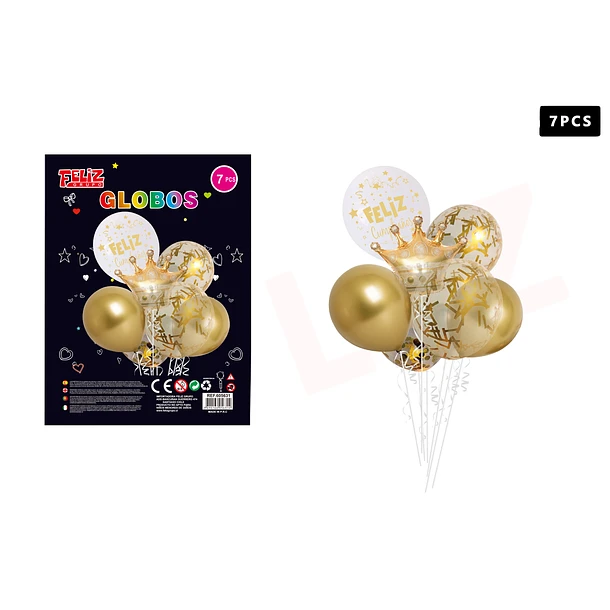 SET GLOBOS FELIZ CUMPLEAÑOS CORONA DORADO 7 PCS - 1