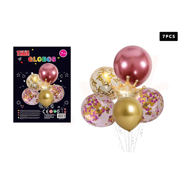 SET GLOBOS FELIZ CUMPLEAÑOS CORONA DORADO Y ROSADO 7 PCS - 1