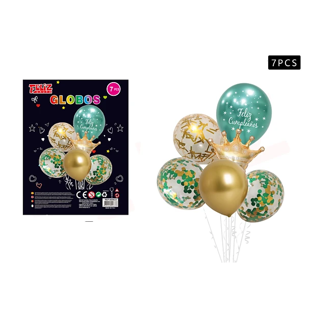 SET GLOBOS FELIZ CUMPLEAÑOS CORONA DORADO Y VERDE 7 PCS - 1
