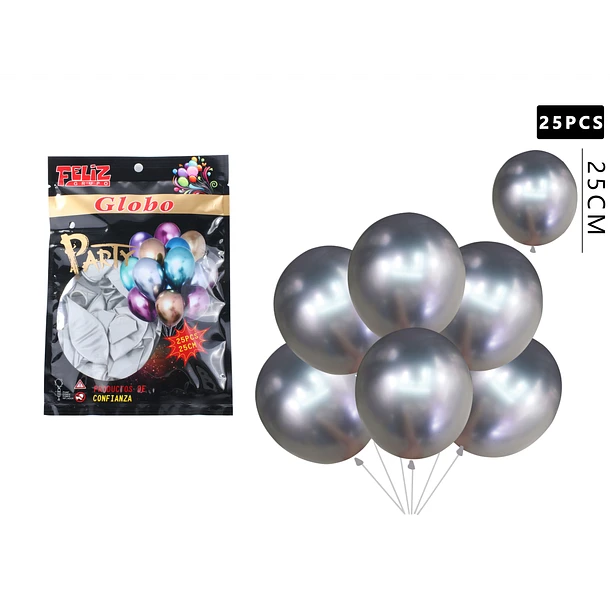 GLOBOS CROMADOS 25 CM COLOR PLATEADO 25 PCS - 1