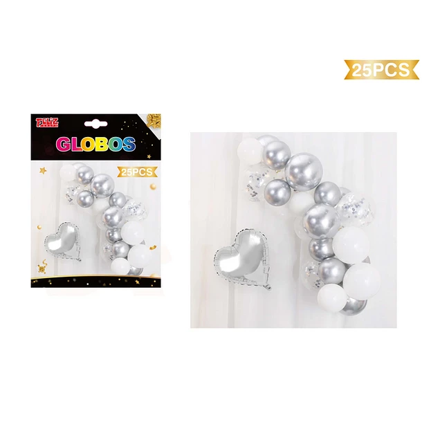 SET GLOBOS CORAZÓN PLATEADO 25 PCS - 1