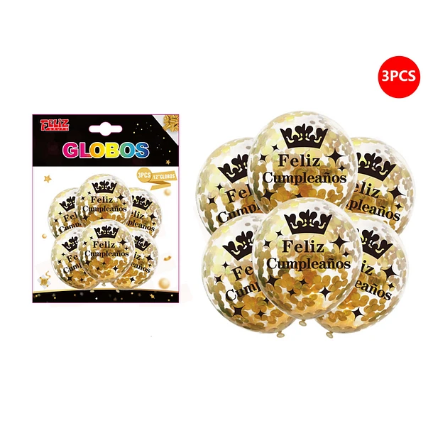 SET GLOBOS DORADO FELIZ CUMPLEAÑOS CON CORONA 3 PCS - 1