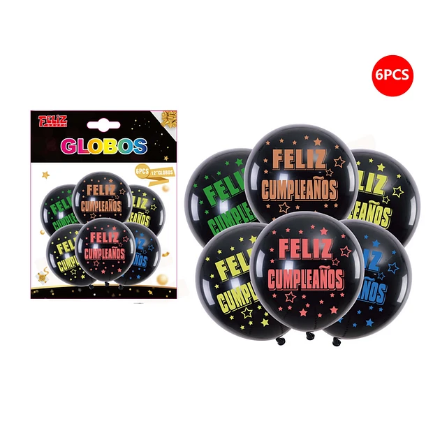 SET GLOBOS FELIZ CUMPLEAÑOS NEGRO 6 PCS - 1