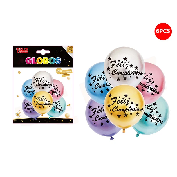 SET GLOBOS FELIZ CUMPLEAÑOS MULTICOLOR CON ESTRELLAS 6 PCS - 1