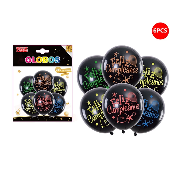 SET GLOBOS FELIZ CUMPLEAÑOS MULTICOLOR DISEÑOS 6 PCS - 1