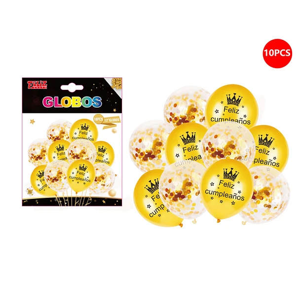 SET GLOBOS FELIZ CUMPLEAÑOS CORONA DORADO 10PCS - 1