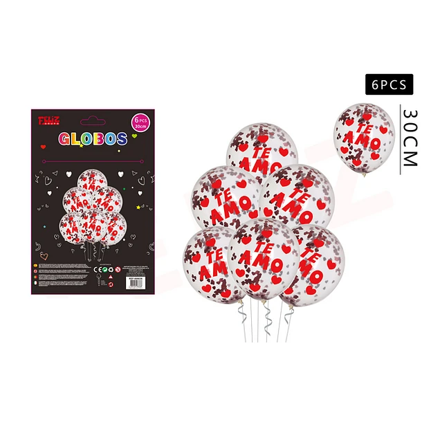 SET GLOBOS TE AMO CON DETALLES ROJOS 30 CM 6 PCS - 1