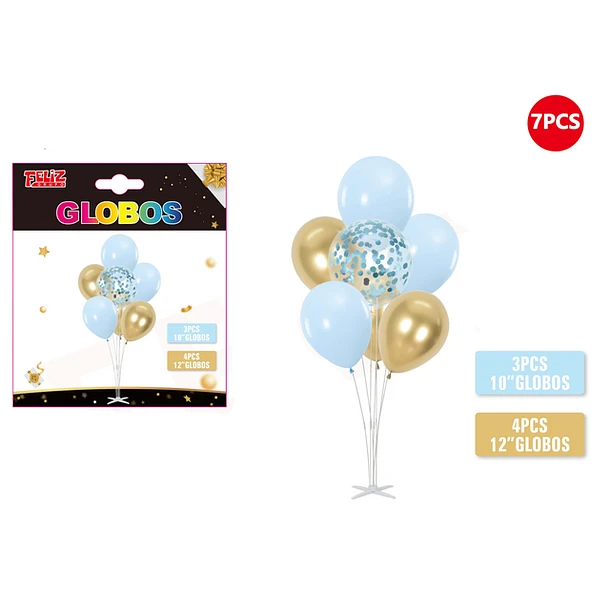 SET GLOBOS CELESTE Y DORADO CON PEDESTAL 7 PCS - 1