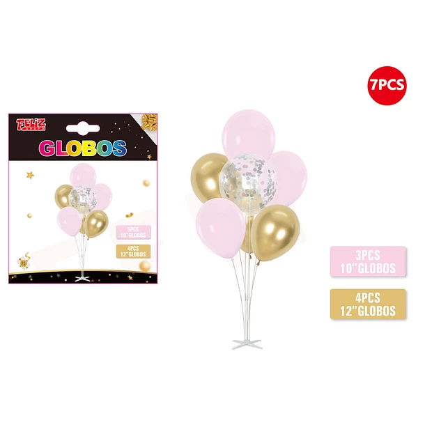 SET GLOBOS ROSADO Y DORADO CON PEDESTA 7 PCS - 1